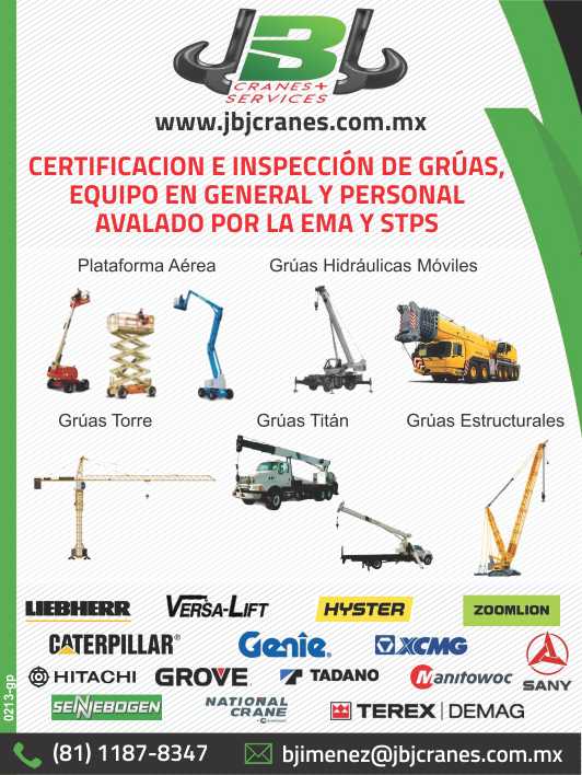 Certification and Inspection of Cranes, General Equipment, and Personnel. Endorsed by the EMA and STPS. Aerial Platform, Mobile Hydraulic Cranes, Tower Cranes, Titan Cranes, Structural Cranes.