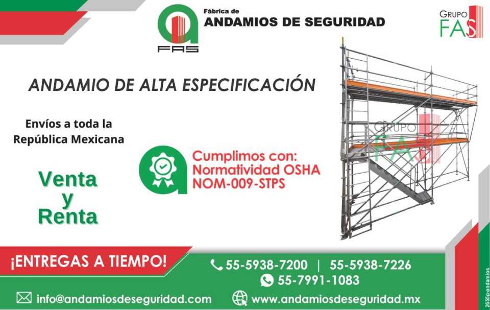 Safety Scaffolding, High-Specification Scaffolding. WE COMPLY WITH: OSHA NOM- 009-STPS Regulations. We ship throughout Mexico. RENTAL AND SALES. Props, Work Towers.