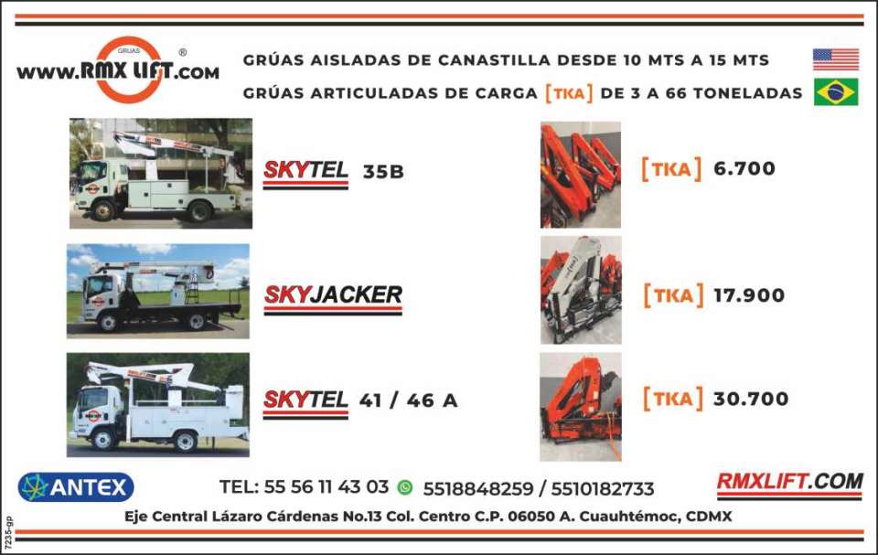 Gruas aisladas de canastilla de 10 a 15 mts. Gruas articuladas de carga TKA de 3 a 66 ton. Skytel Mod. 35B, 41 / 46A. TKA 6.700, 17.900 y 30.7