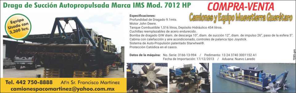 Self-Propelled Suction Dredger for sale, used equipment with 3,300 hrs, IMS brand, model 7012 hp Self-Propelled Suction Dredger for sale, used equipment with 3,300 hrs, IMS brand, model 7012 hp