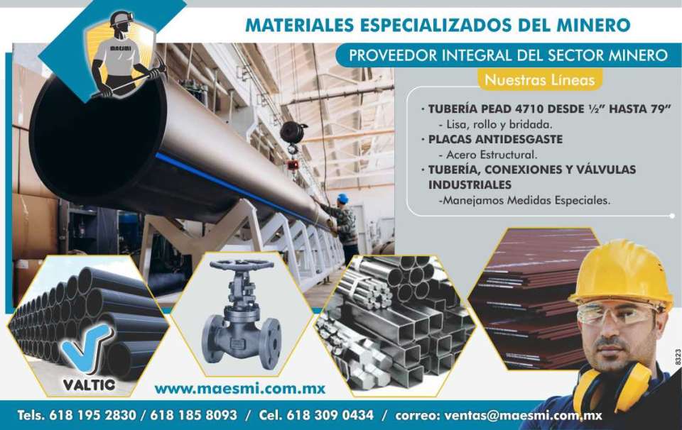 Proveedor Integral del Sector Minero. Nuestras lineas: Tuberia PEAD 4710 desde 1/2" hasta 79" (lisa, rollo y bridada) Placas Antidesgaste (acero estructural) Tuberia,Conexiones y Valvulas Industriales