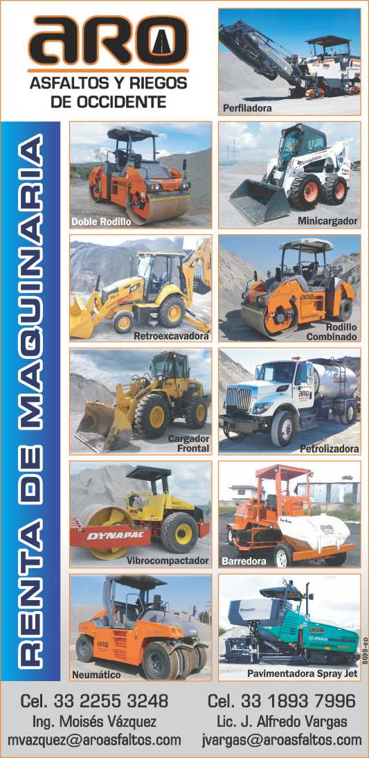 Perfiladora, Rodillo Doble, Minicargador, Retroexcavadora, Rodillo Combinado, Cargador Frontal, Petrolizadora, Vibrocompactador, Barredora, Neumatico, Pavimentadora en RENTA. Aro Asfaltos Perfiladora, Rodillo Doble, Minicargador, Retroexcavadora, Rodillo Combinado, Cargador Frontal, Petrolizadora, Vibrocompactador, Barredora, Neumatico, Pavimentadora en RENTA. Aro Asfaltos