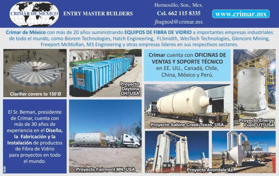Crimar de Mexico con mas de 20 años suministrando Equipos de Fibra de Vidrio a importantes empresas industriales de todo el mundo, lideres en sus respectivos sectores