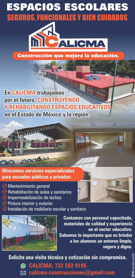 Trabajamos por el futuro, construyendo y rehabilitando espacios educativos en el Estado de Mexico y la region. Ofrecemos servicios especializados para escuelas publicas y privadas